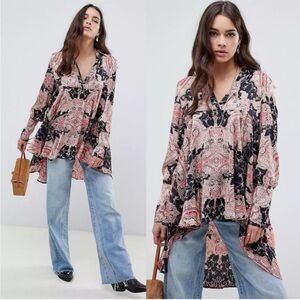 Free People Field of Butterflies Tunic Top - Red/Black/Tan - Size Extra Small XS
